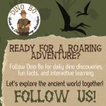 Promotional graphic for 'Dino Bo', an organic social marketing campaign featuring a cartoon character holding binoculars with a tagline 'Hatch on a Learning Adventure'. The call to action 'READY FOR A ROARING ADVENTURE?' is on torn paper texture, inviting followers to daily dino discoveries, fun facts, and interactive learning. A silhouette of a pterodactyl soars in the background, enhancing the prehistoric theme.