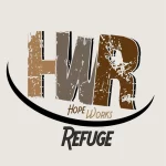 Logo of 'Hope Works Refuge', featuring the initials 'HWR' in large, distressed font with earthy brown tones, above the full name spelled out. The logo includes a swooping curve beneath the text to symbolize shelter or sanctuary, set against a light neutral background.