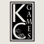 Logo for 'KC Games' featuring large, bold letters 'K' and 'C' intertwined on a black rectangle, with the word 'GAMES' vertically aligned. Two white dice with black dots are depicted in the bottom corner, set against a cream background, representing gaming or entertainment.