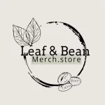 Logo for 'Leaf & Bean Merch.store' featuring a sketched circular coffee stain with a pair of coffee beans and a duo of leaves, symbolizing the convergence of nature and coffee. The artwork is presented in black on a neutral-toned background, conveying an organic and artisanal branding for a merchandise store.