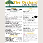 Menu for 'The Orchard Cafe & Bistro' in Gainesville, TX, featuring a selection of coffee, organic loose leaf tea, specialty wellness blends, smoothies with optional add-ons, kombucha, and cold drinks. The menu lists various beverages with prices, including espresso, lattes, fruit fizzes, and signature Golden Milk. The contact information with a phone number is presented at the top.