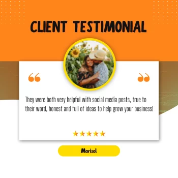Testimonial by Marisol praising Illuminating Impressions for their helpful and honest social media services, showing a happy couple in a field.
